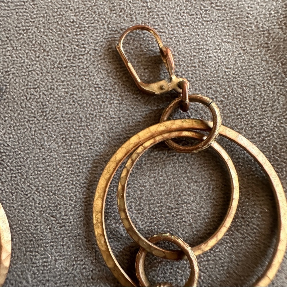 Boho Hammered Brass Hoop Earrings w/ Crystal Drop Dangle Artisan Chic 3” - Picture 4 of 7